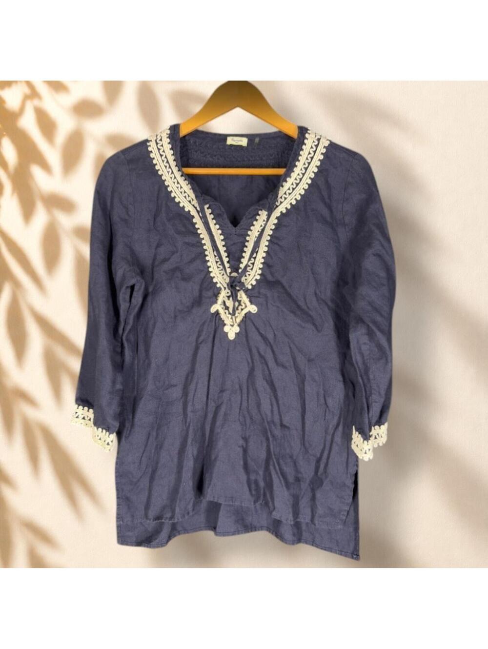 Simple Blouse Women M Medium Blue V-Neck Tasseled Embroidered V-Neck Linen